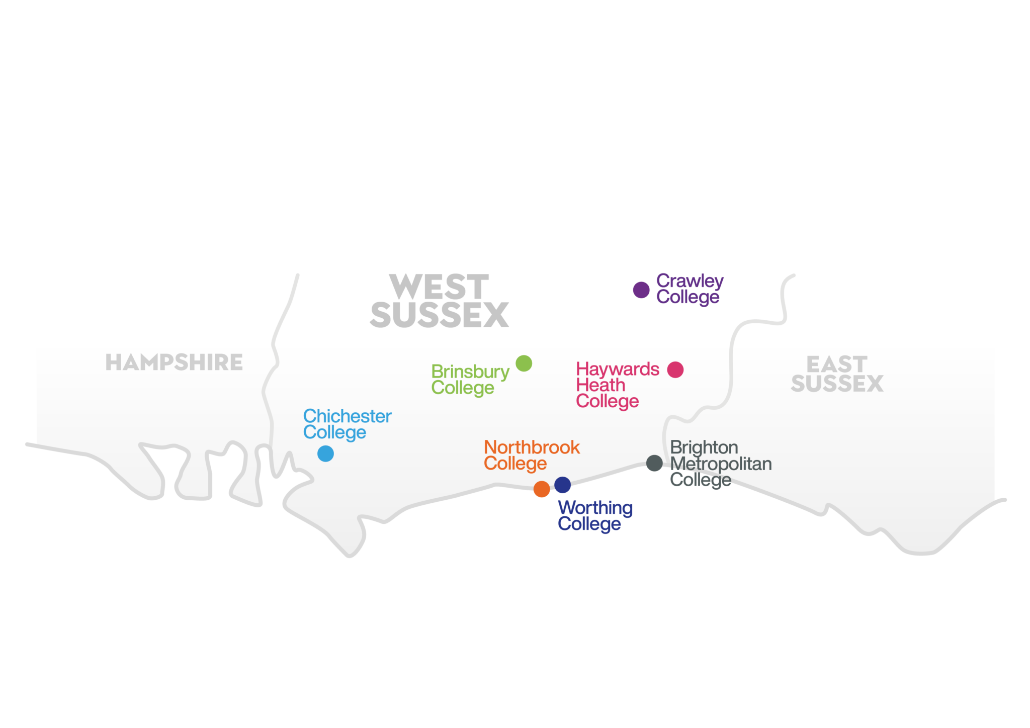 Map of the Chichester College Group colleges across West Sussex and Brighton & Hove